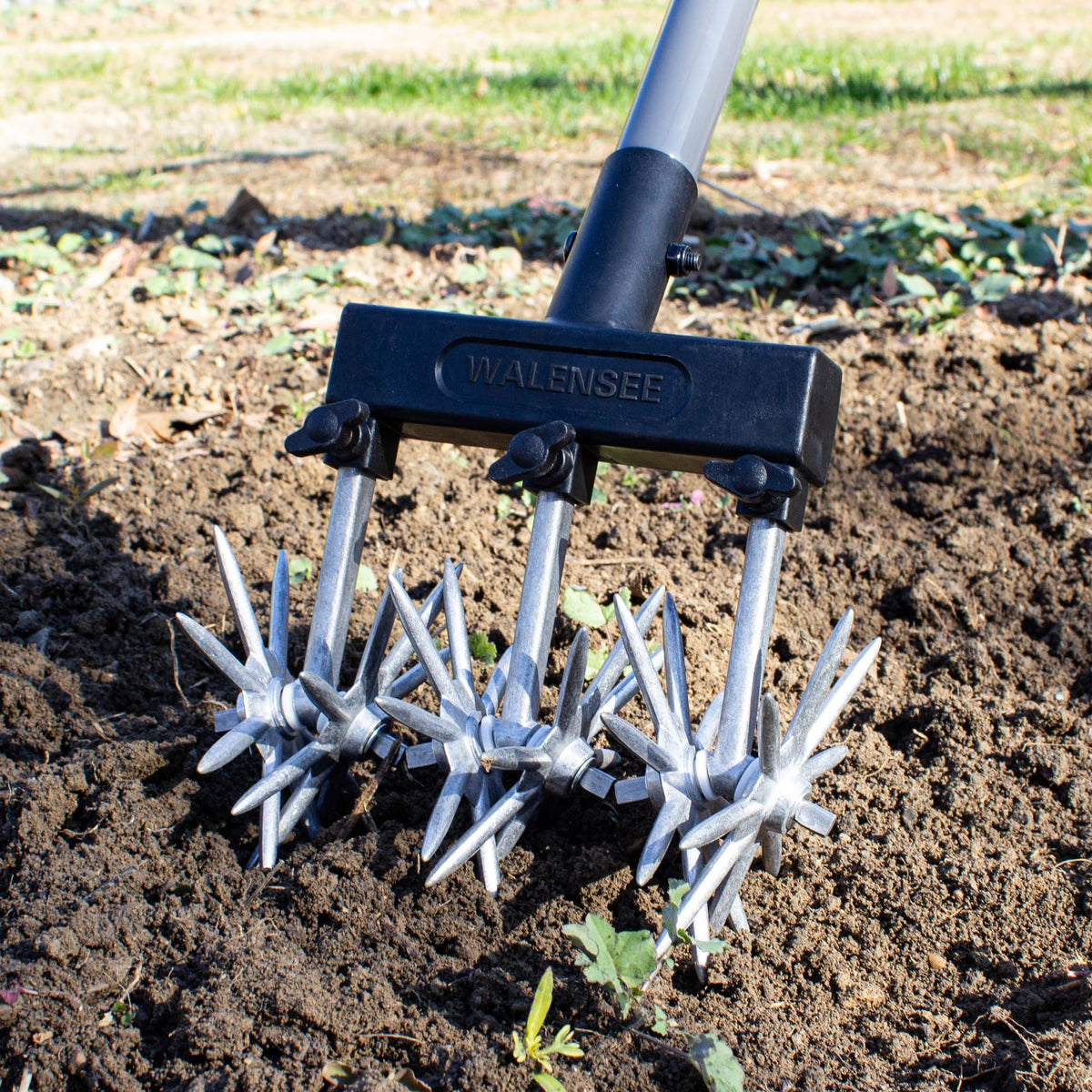 Walensee rotary cultivator star wheels improve soil contact during tilling.
