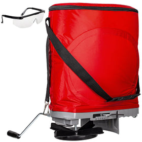 Walensee seed spreader with 25lb bag showing upright frame for spill-free filling while seeding