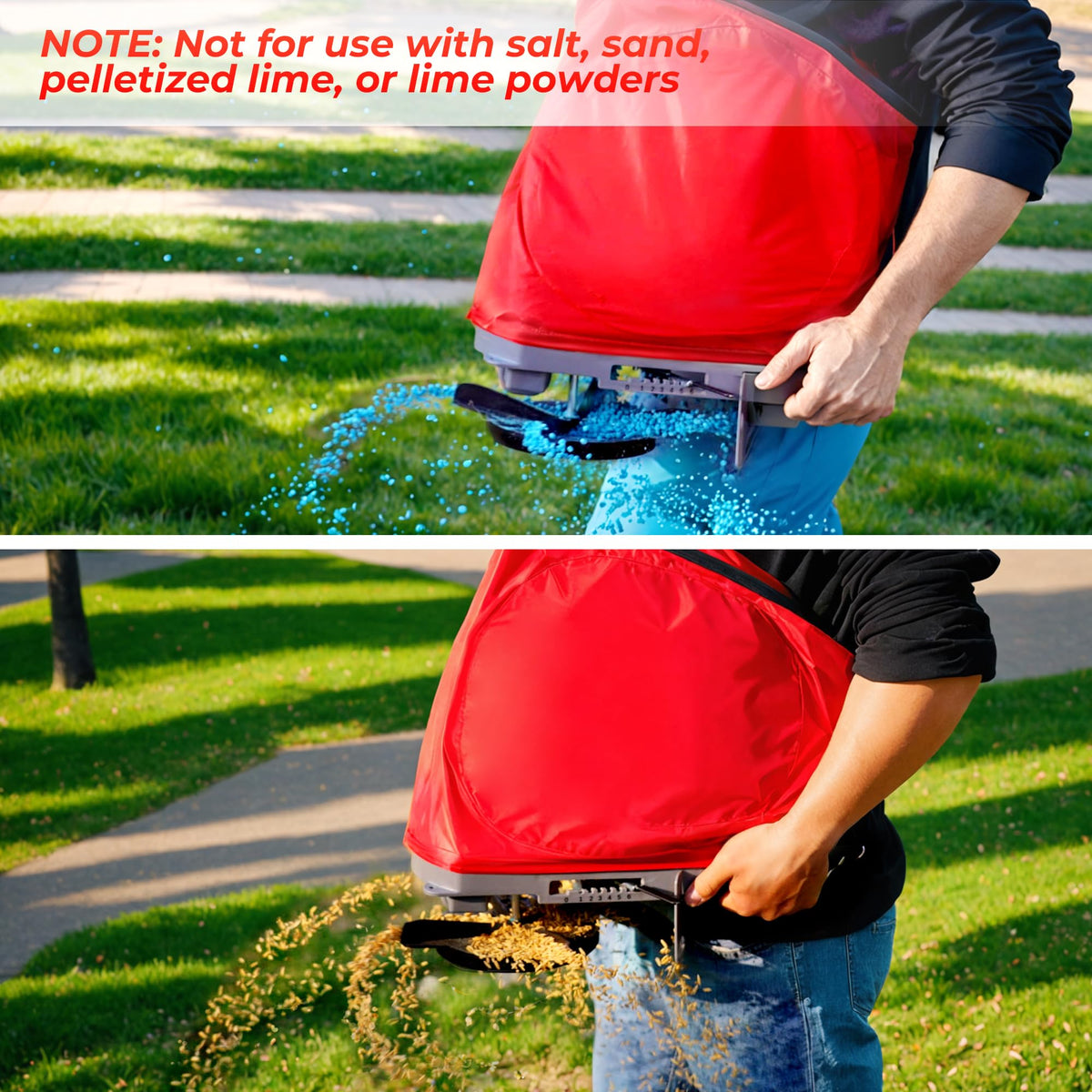 Walensee seed spreader rear baffle minimizes back-splash for cleaner clothing and surface