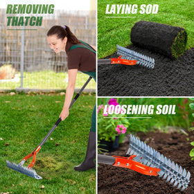 Walensee Thatch Rake versatile design helps cleanup leaves and debris efficiently.