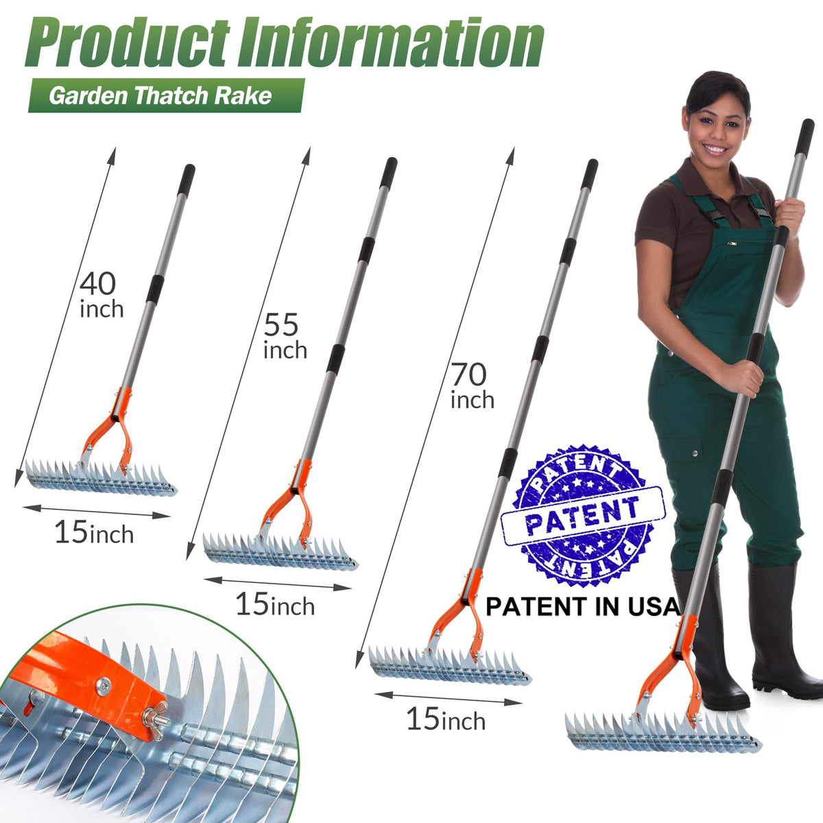 Walensee Thatch Rake ergonomic handle reduces back strain during lawn care.