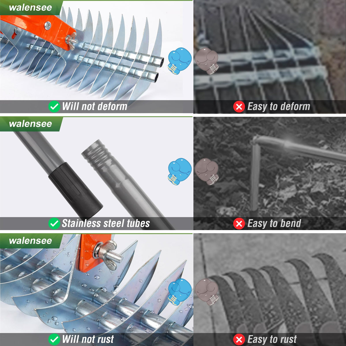 Walensee Thatch Rake durable stainless steel resists rust for long-term use.