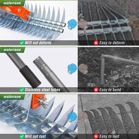 Walensee Thatch Rake durable stainless steel resists rust for long-term use.