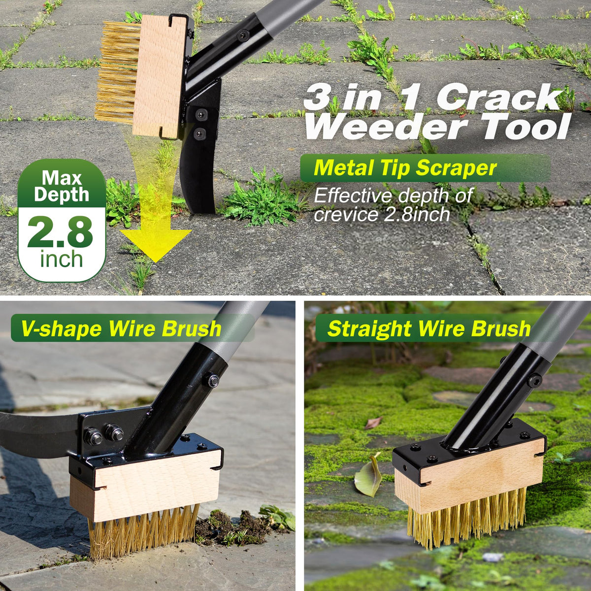 Walensee V-shape wire brush and metal blade for deep crack weed removal.