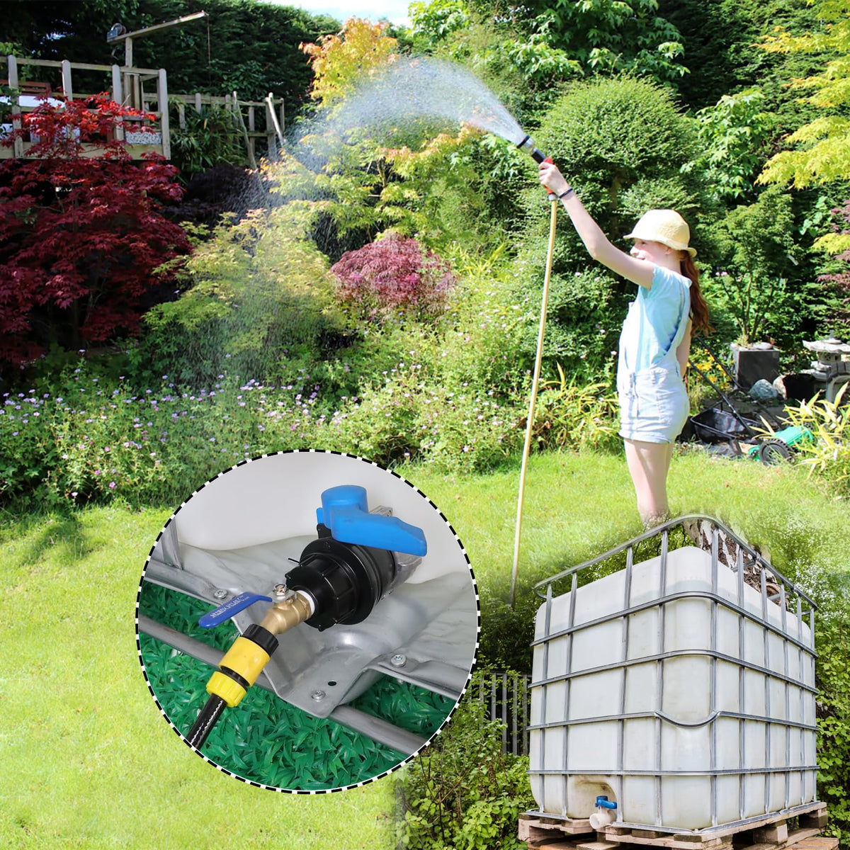 WalkingInRain garden hose quick-coupler for fast setup with IBC totes.