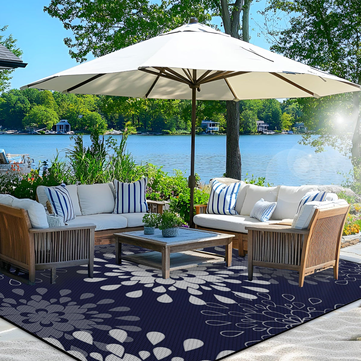 Wallona rug shown in a cozy patio setup, reversible design offers two looks.