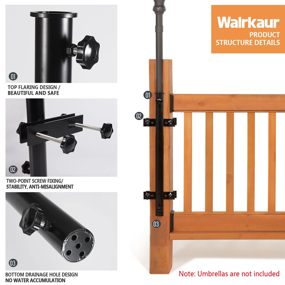 Walrkaur anti-slip silicone pads protect rails while stabilizing the umbrella