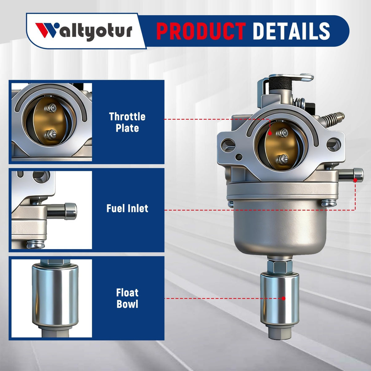 Waltyotur carburetor body close-up; precision casting and durable finish.