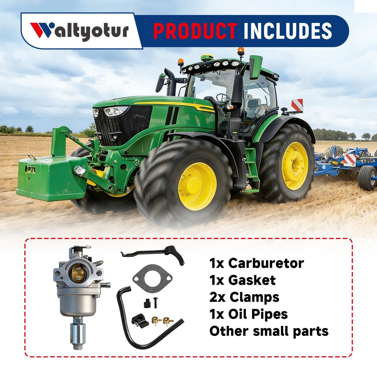 Waltyotur carburetor on mower engine during test run; reliable power delivery.