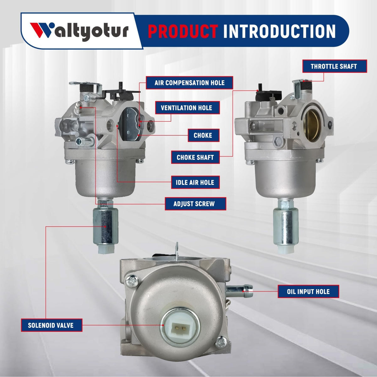 Waltyotur carburetor compatibility label with Briggs Stratton engines; versatile mower fit.