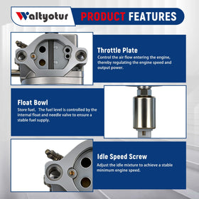 Waltyotur carburetor replacement kit contents; includes essentials for installation.