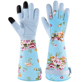WANCHI long gardening gloves for women, blue, comfortable fit for planting.
