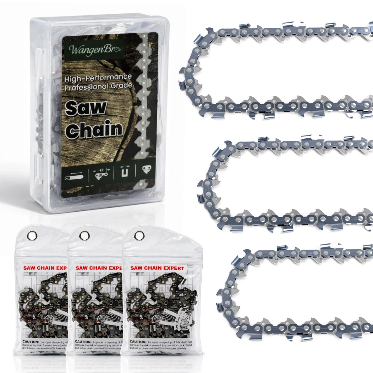 Wangenbro 16-inch chain with 38LP pitch and low kickback for smooth cuts.
