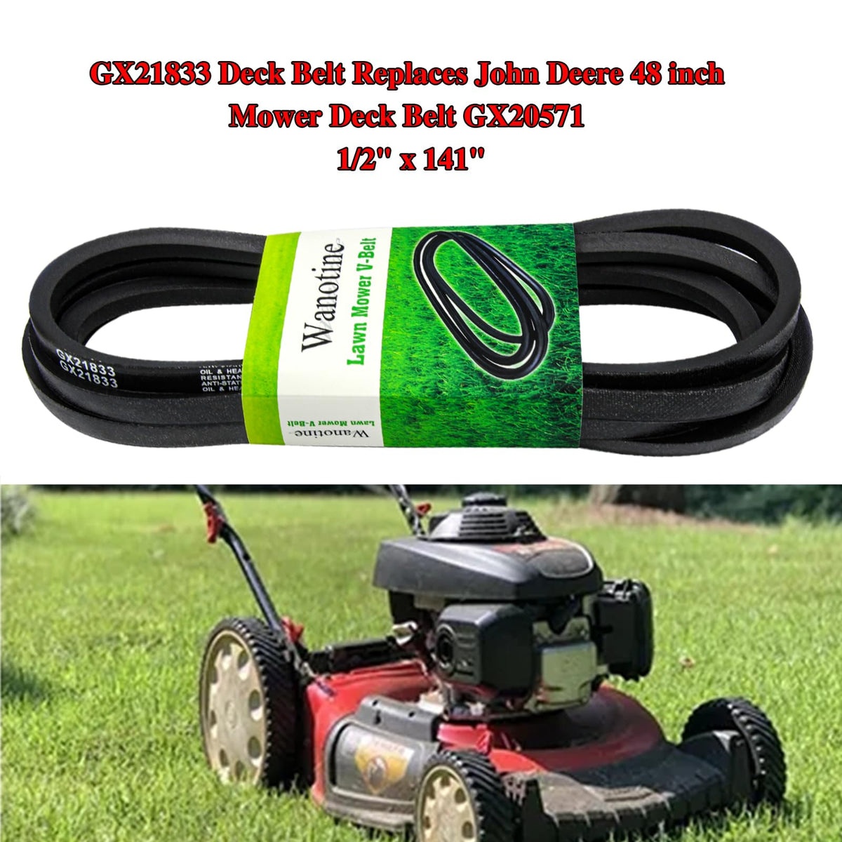 Wanotine GX21833 belt packaging highlighting easy, reliable replacement for compatible riding mowers.
