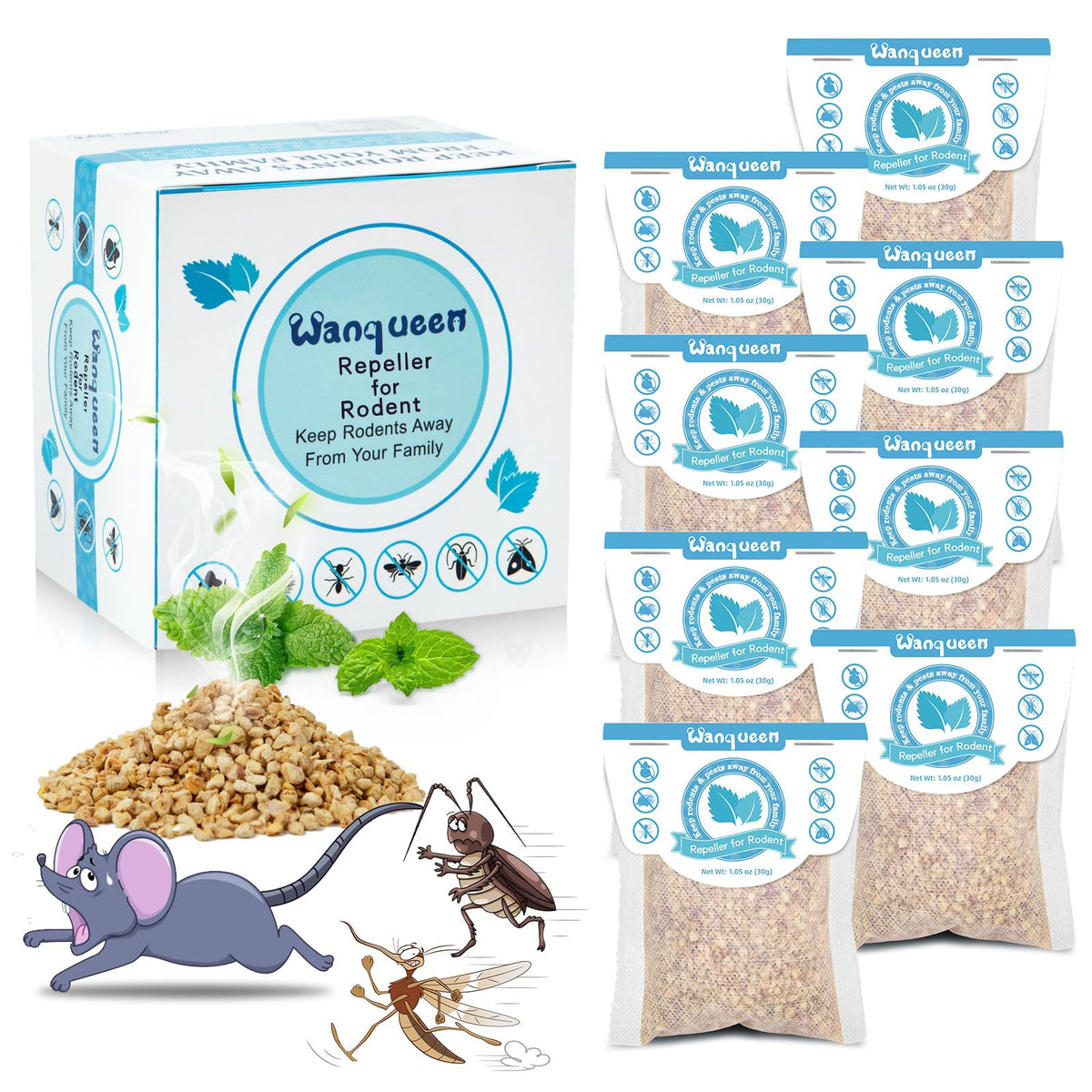 Wanqueen 8-pack mouse repellent pouches with peppermint oil pack, showing product for deterence indoors