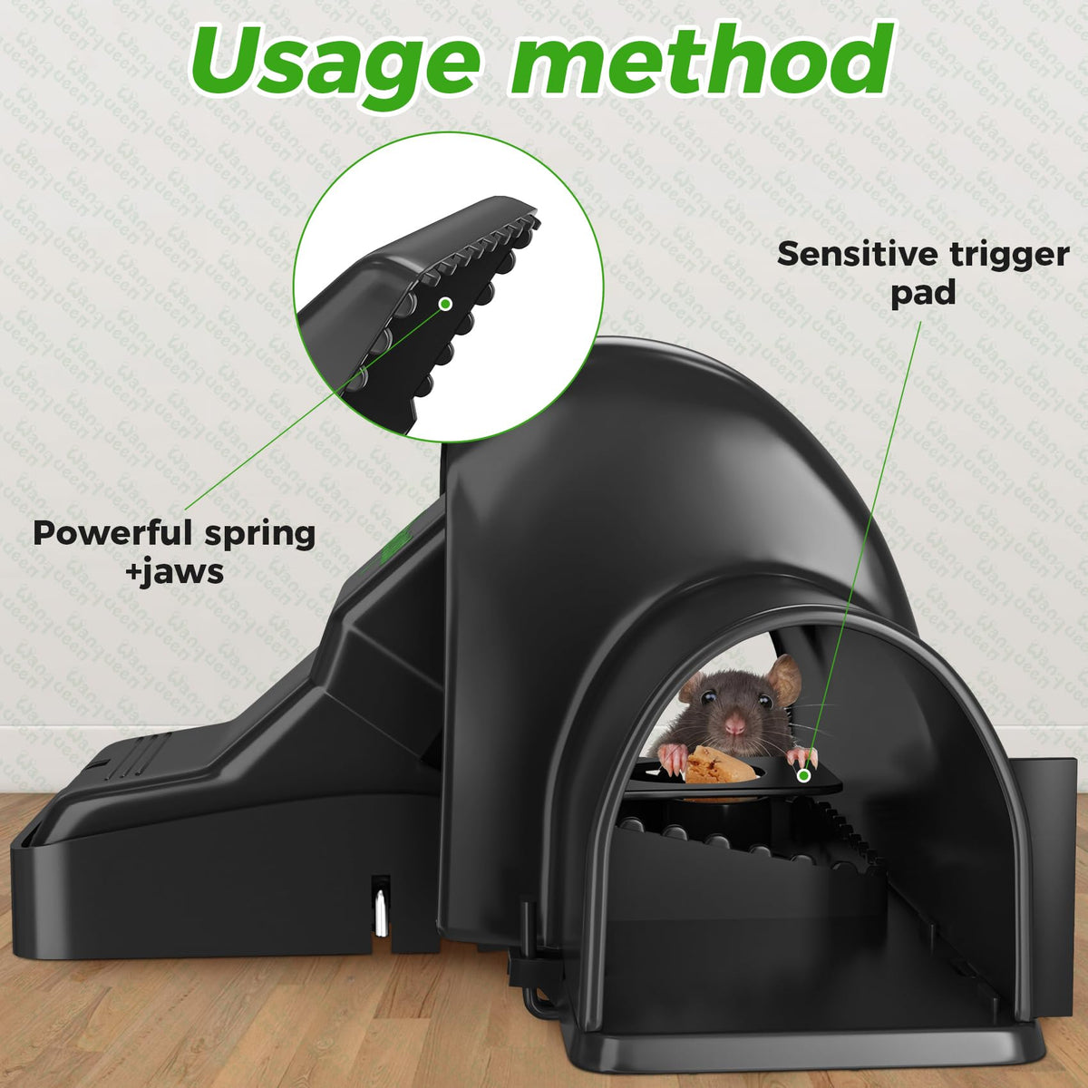 Wanqueen rat-trap dual-entry bait-entry demonstrates bottom bait access for quick setup.