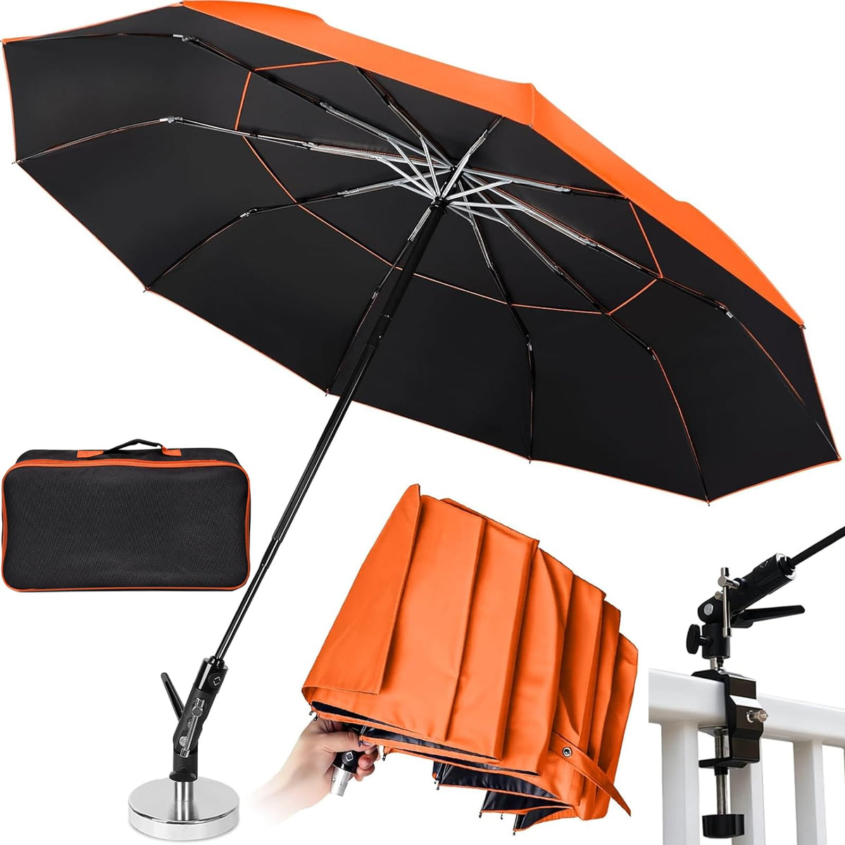 Warm Oasis 60-inch folding magnetic umbrella base on metal surface for secure shade.
