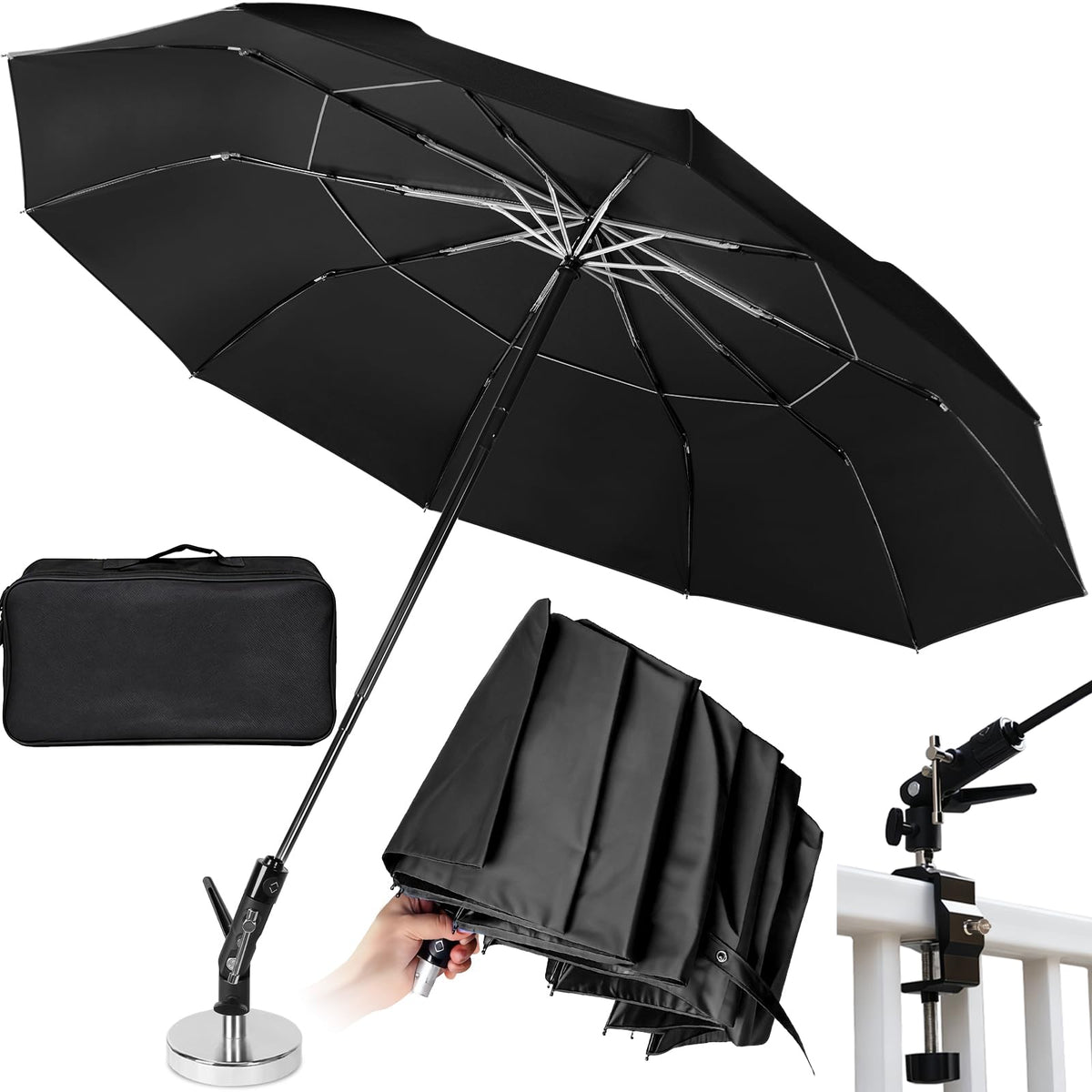 WARMOASIS 60-inch umbrella with magnetic base for steady shade on metal surfaces.