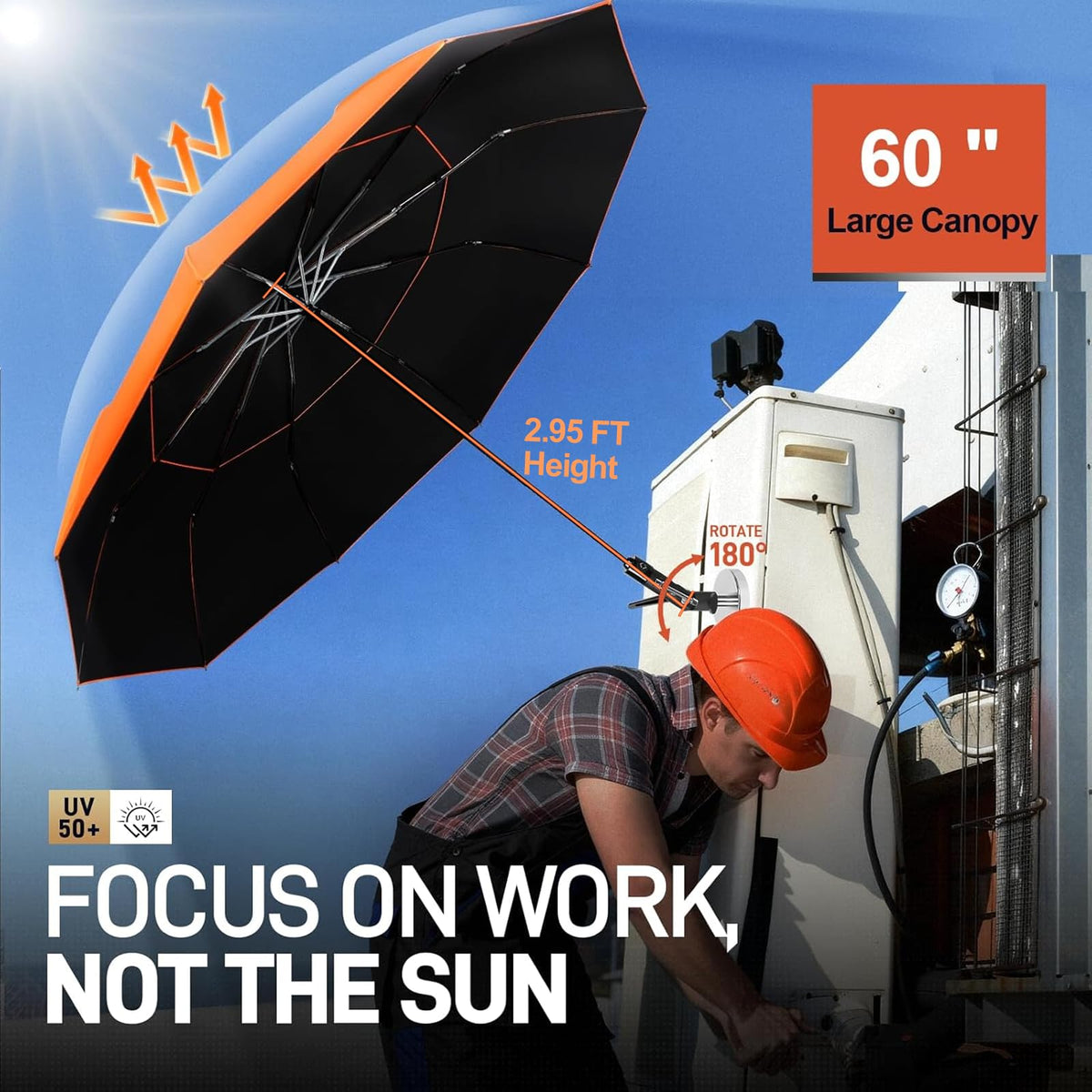 Warm Oasis outdoor work umbrella with magnetic base secures shade beside metal structures.