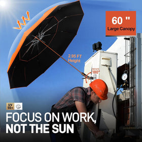 Warm Oasis outdoor work umbrella with magnetic base secures shade beside metal structures.