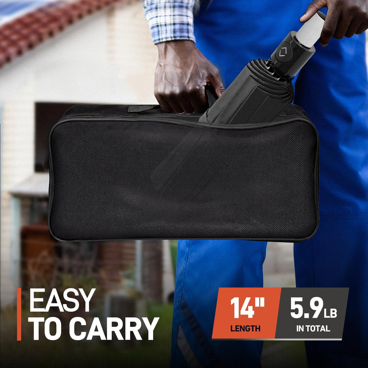 WARMOASIS compact storage bag makes transporting the umbrella easy.