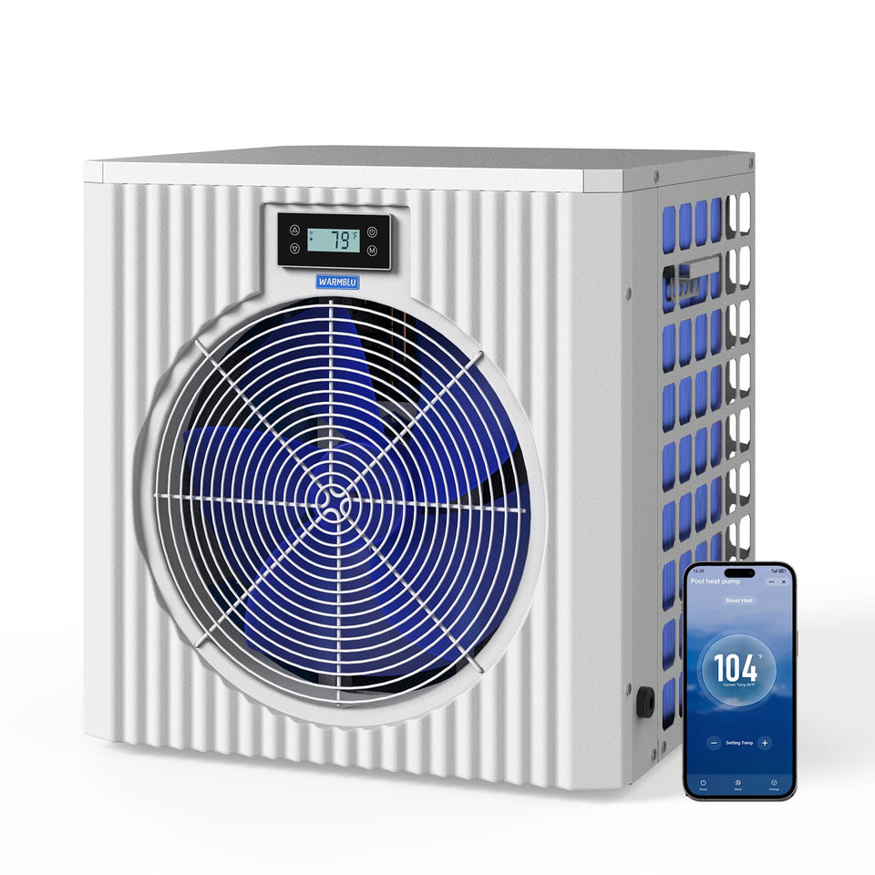 WARMBLU H5 exterior heat pump unit in a backyard setup for efficient pool heating