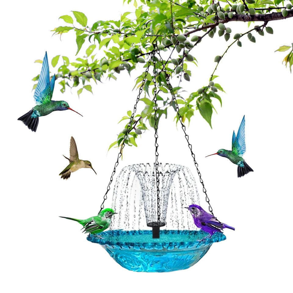 Warmow hanging bird bath fountain in blue creates a sunlit cascade that attracts birds.