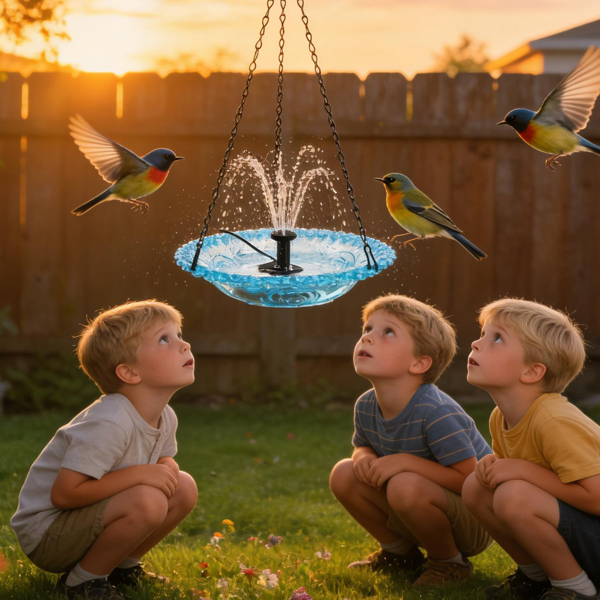 Warmow vibrant blue fountain serves as a backyard centerpiece and conversation starter.