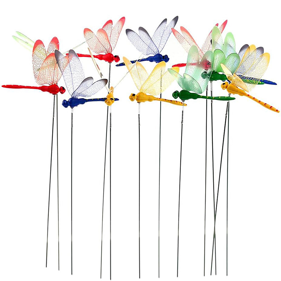 Warmshine dragonfly stakes arranged together brighten gardens with four vivid colors