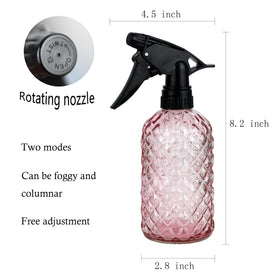 Wartter adjustable-nozzle glass bottle showing two spray modes for plants and cleaning.