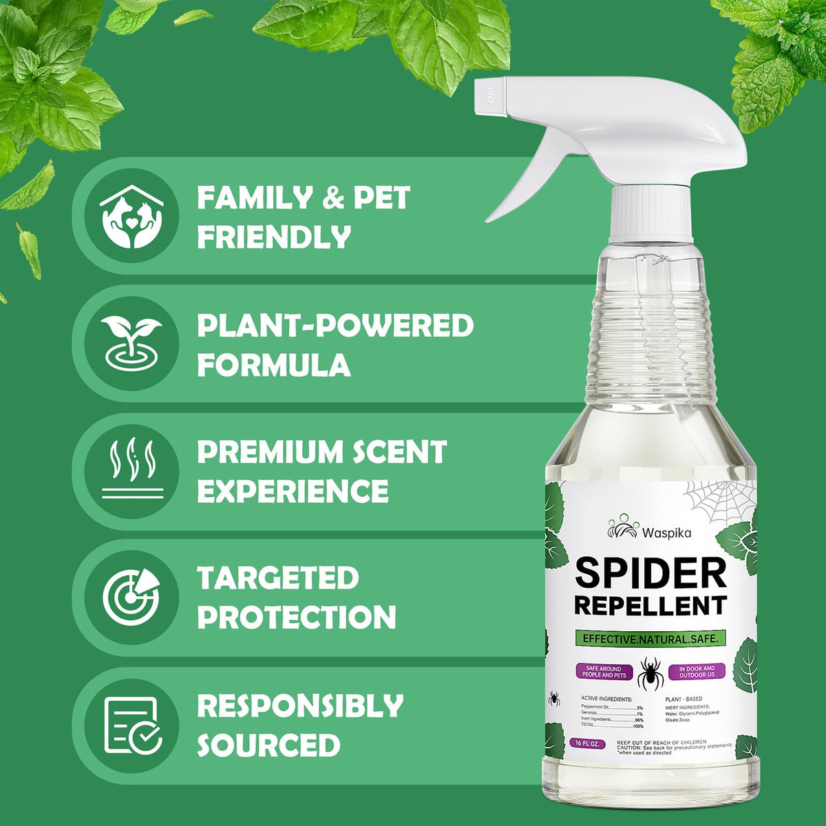 Waspika spray shown near entryways and patios for pest protection.