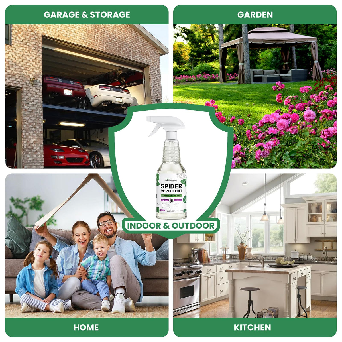 Waspika peppermint spray mist application shows indoor outdoor use.