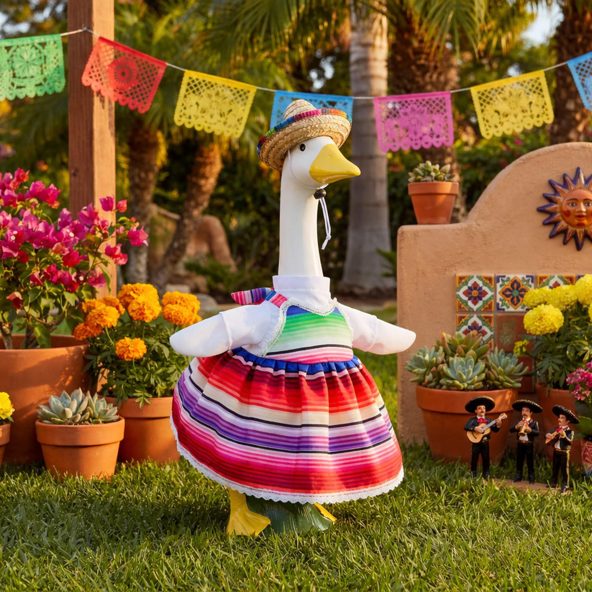 Watayo sombrero with elastic strap on goose statue, secure outdoor wear