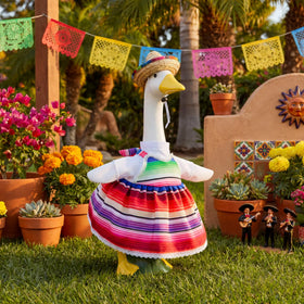 Watayo sombrero with elastic strap on goose statue, secure outdoor wear