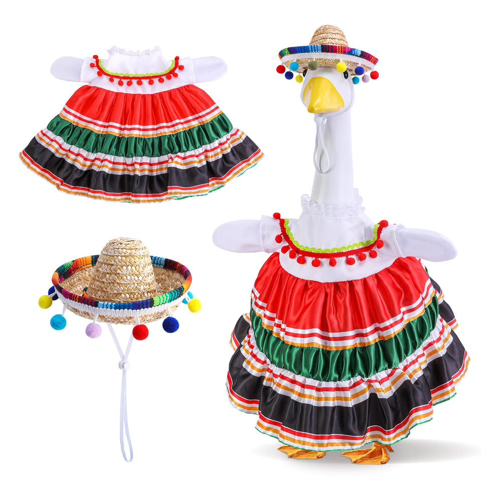 Watayo Mexican porch goose outfit with sombrero and striped dress for festive outdoor decor.