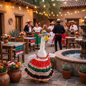 Watayo Mexican-themed goose outfit brightens lawns for celebrations.