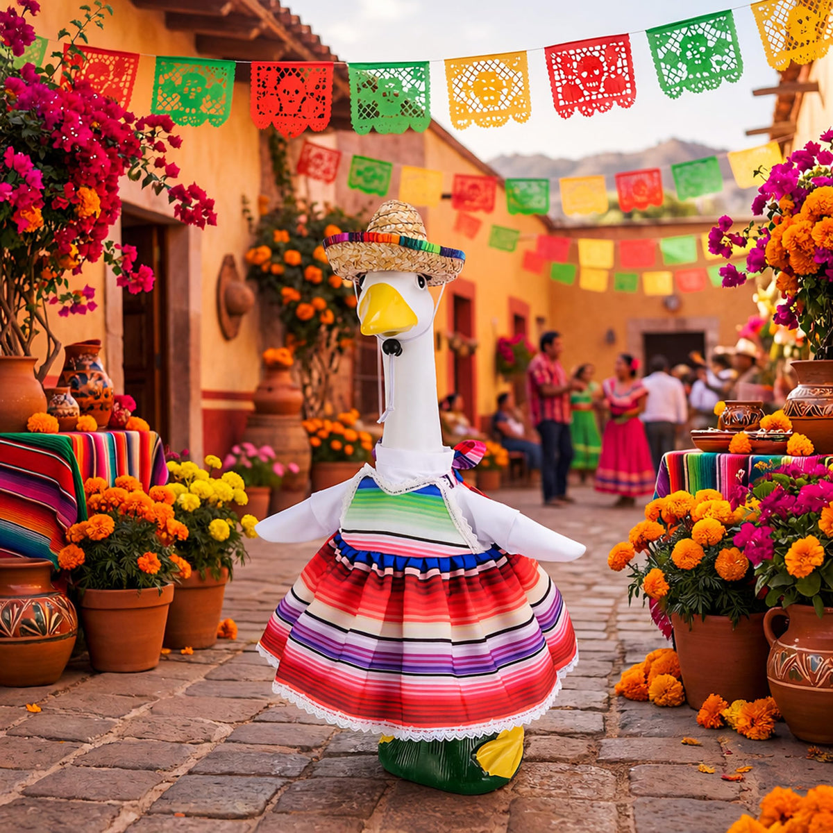 Watayo outdoor decoration featuring vibrant Mexican goose outfit