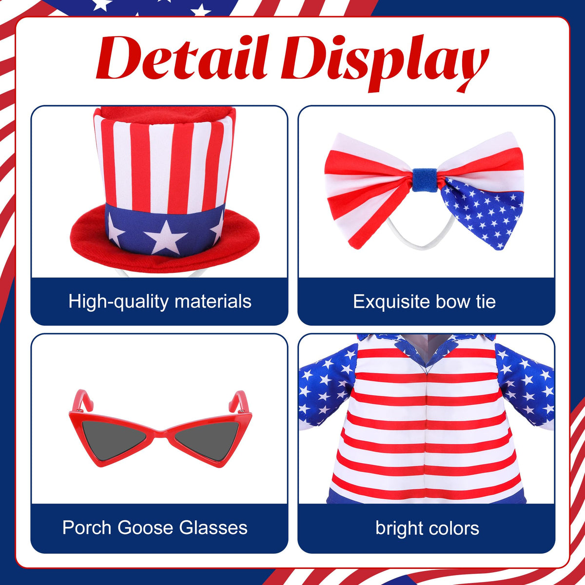 Watayo patriotic goose outfit glasses complete the Fourth of July look.