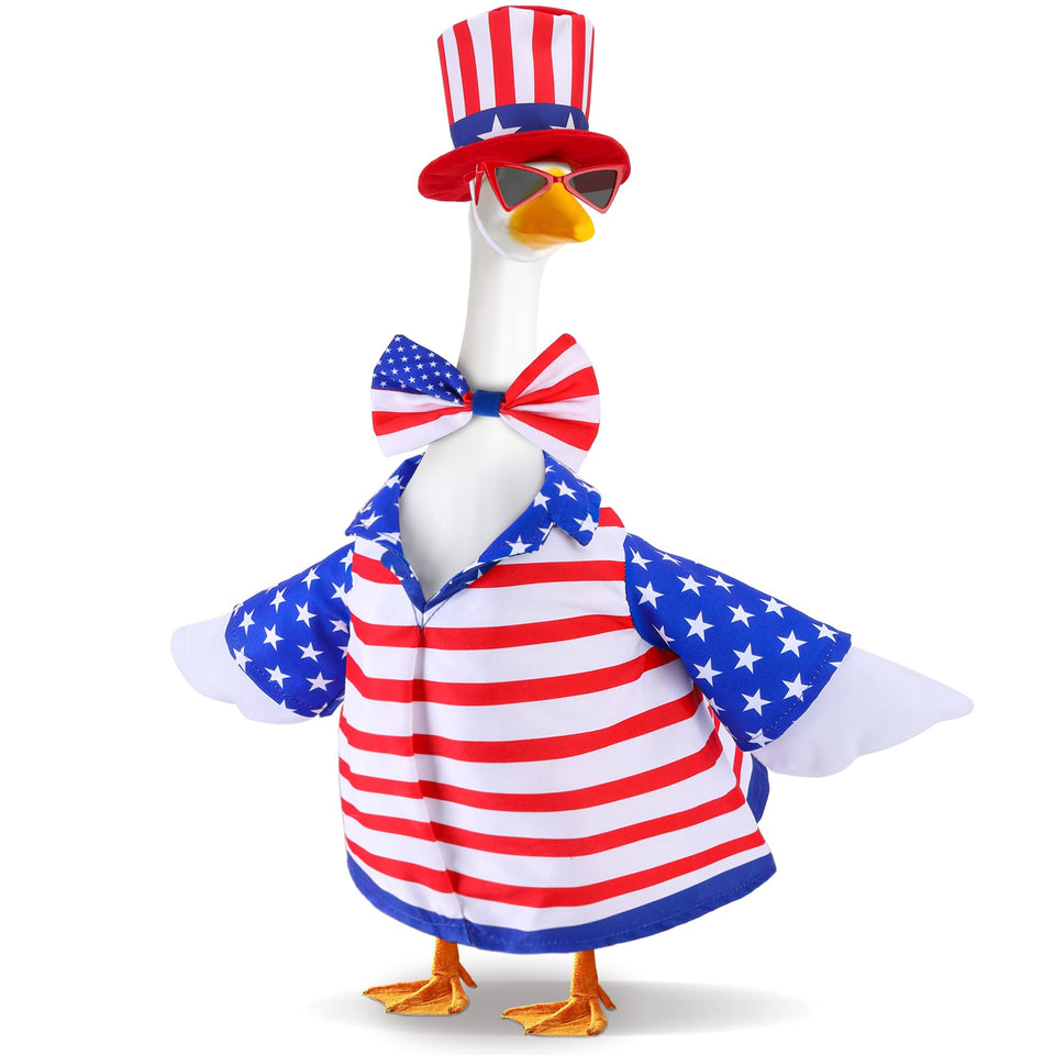 Watayo patriotic goose outfit top hat boosts curb appeal for outdoor decor.