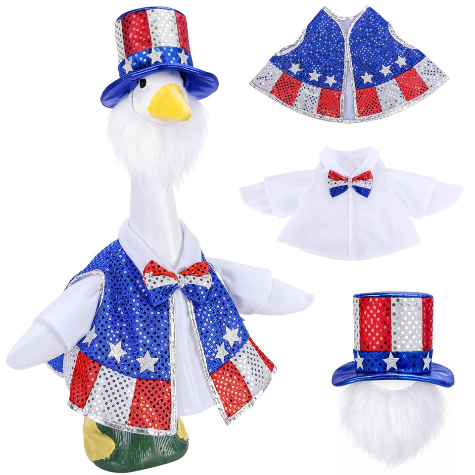 Watayo patriotic goose outfit on a 23-inch lawn goose with sequin waistcoat