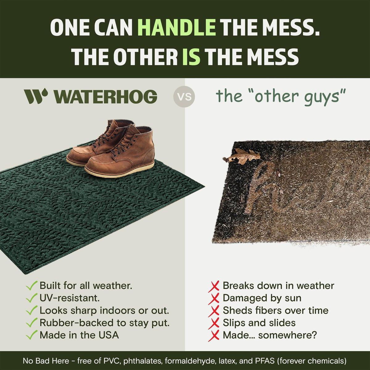 WaterHog Boxwood mat is made in the USA from recycled materials