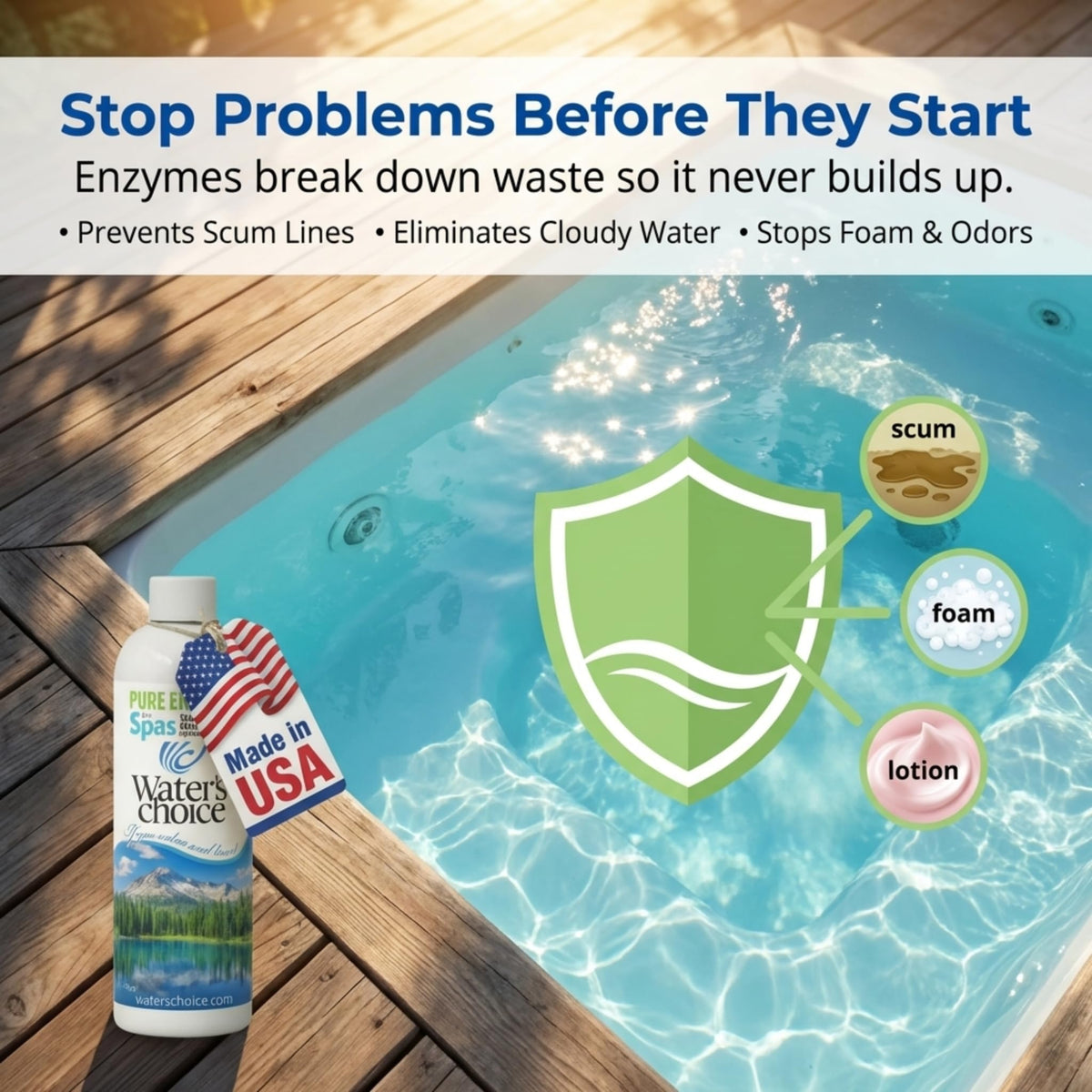 Waters Choice Pure Enzymes spa water clarity demonstrates improved look.