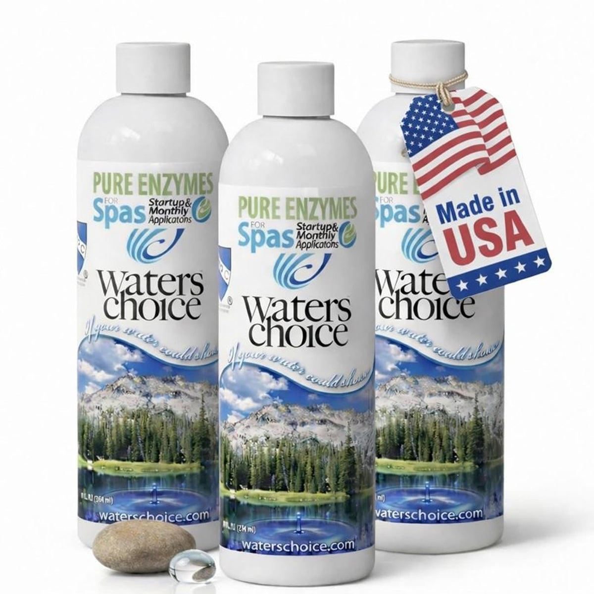 Waters Choice Pure Enzymes for Spas bottle pour demonstrates easy application