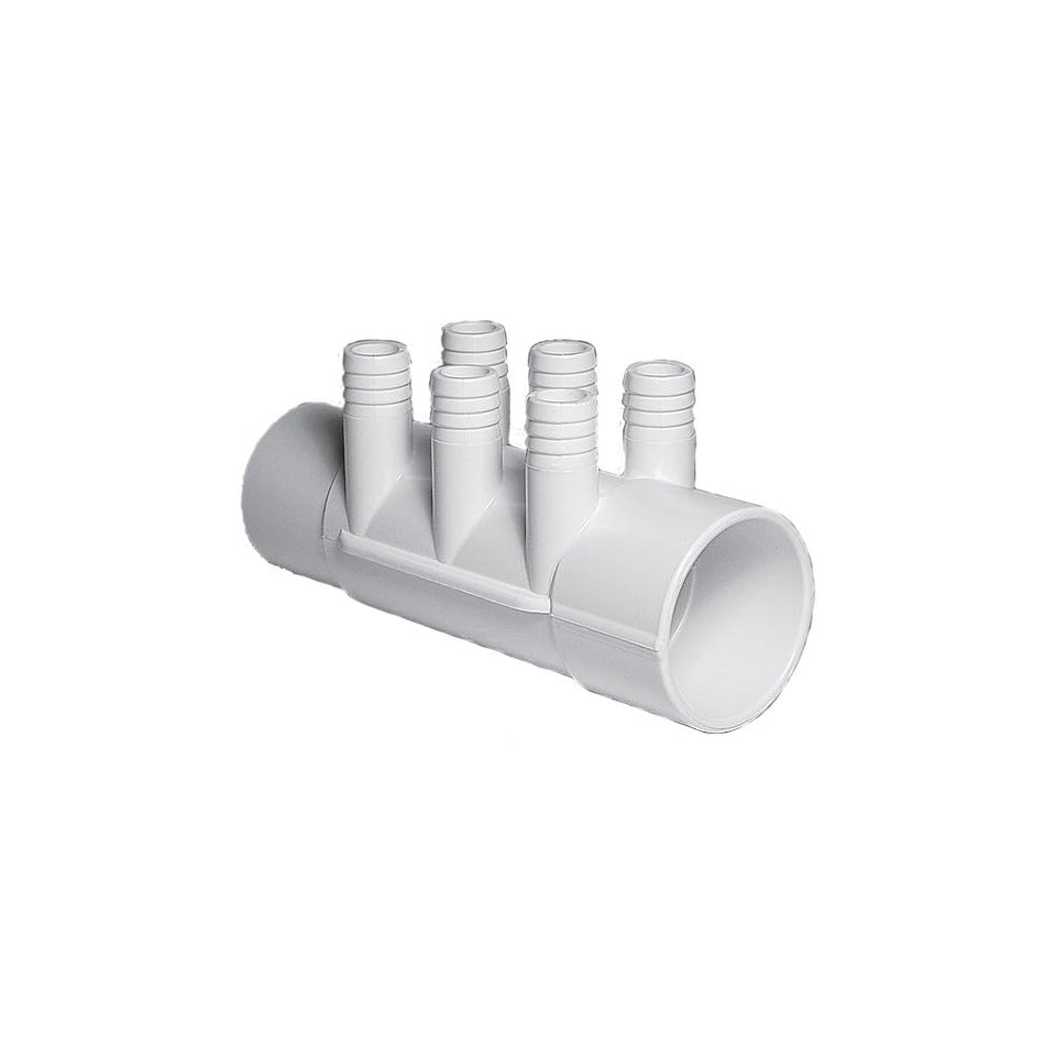 Waterway manifold with 2in connections and six 3/4in barbs for pool plumbing