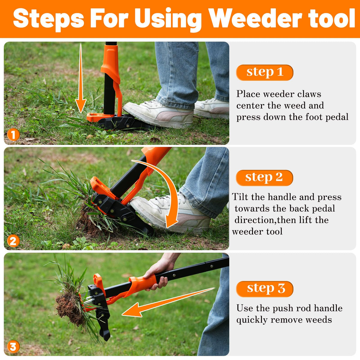 WATFIGBY weed puller foot pedal provides extra leverage on tough weeds.