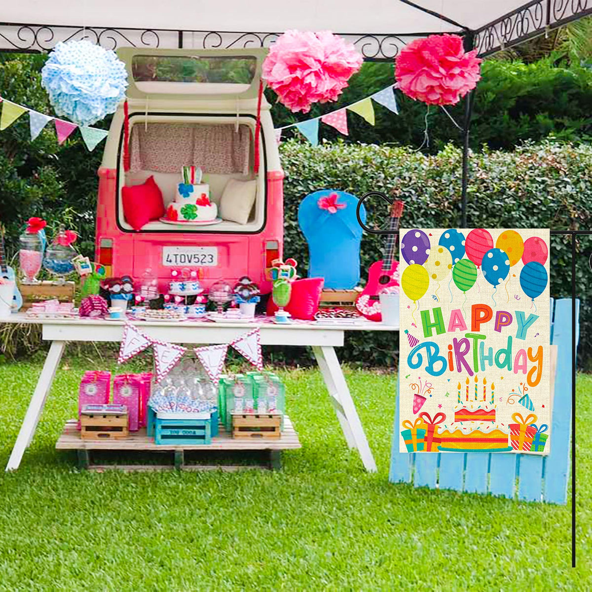 WATINC beige burlap banner blends with outdoor decor.