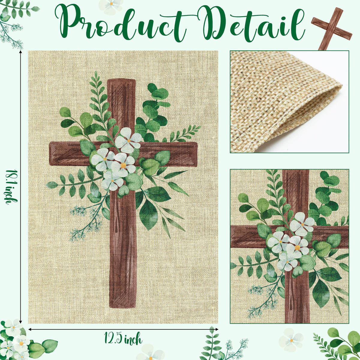 WATINC eucalyptus cross garden flag back view with same design on both sides