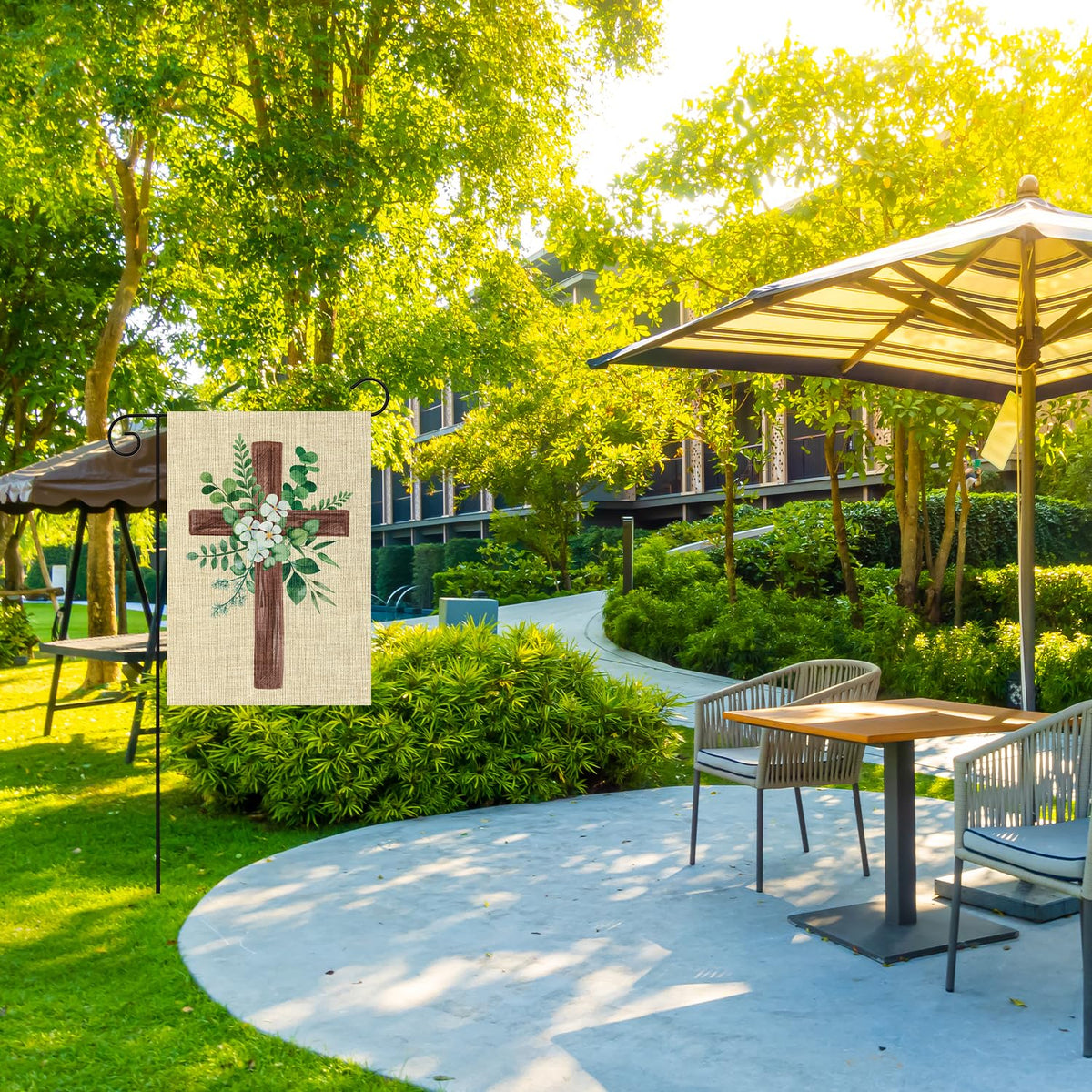 Watinc porch lawn pathway decor flag on a garden wall