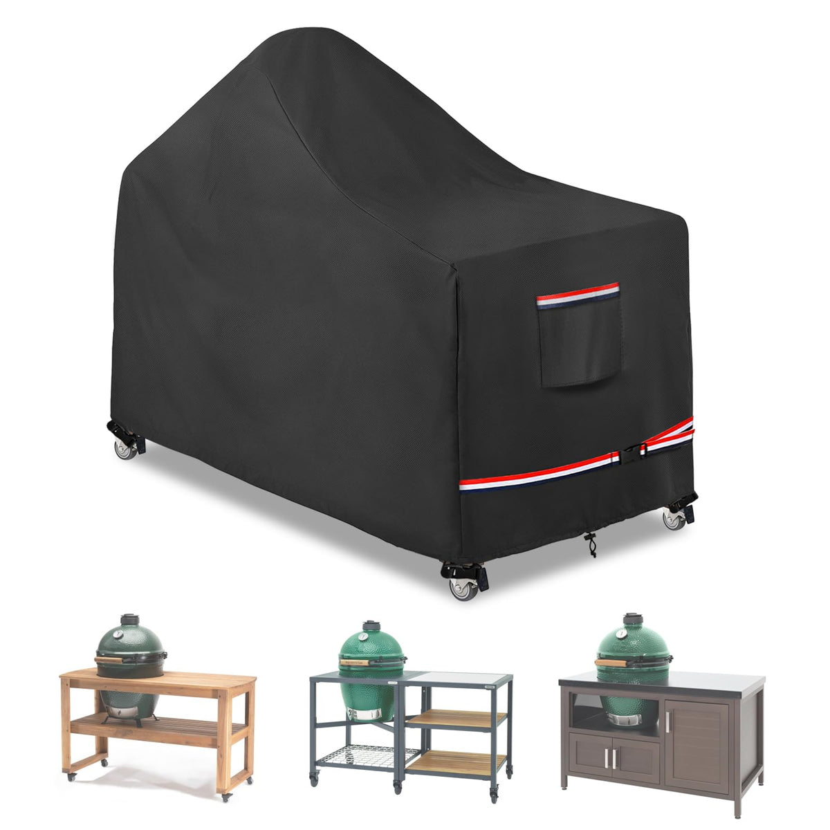 Wavecover grill cover protects the 60-inch Big Green Egg table from sun and rain