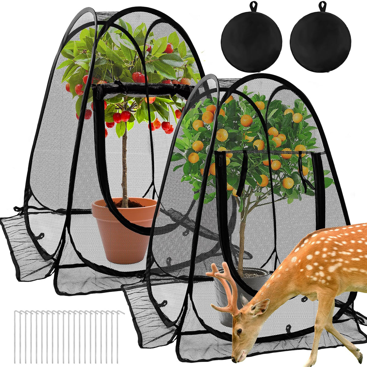 Waybas pop-up mesh plant protector with 8 stakes guards vegetables from pests.